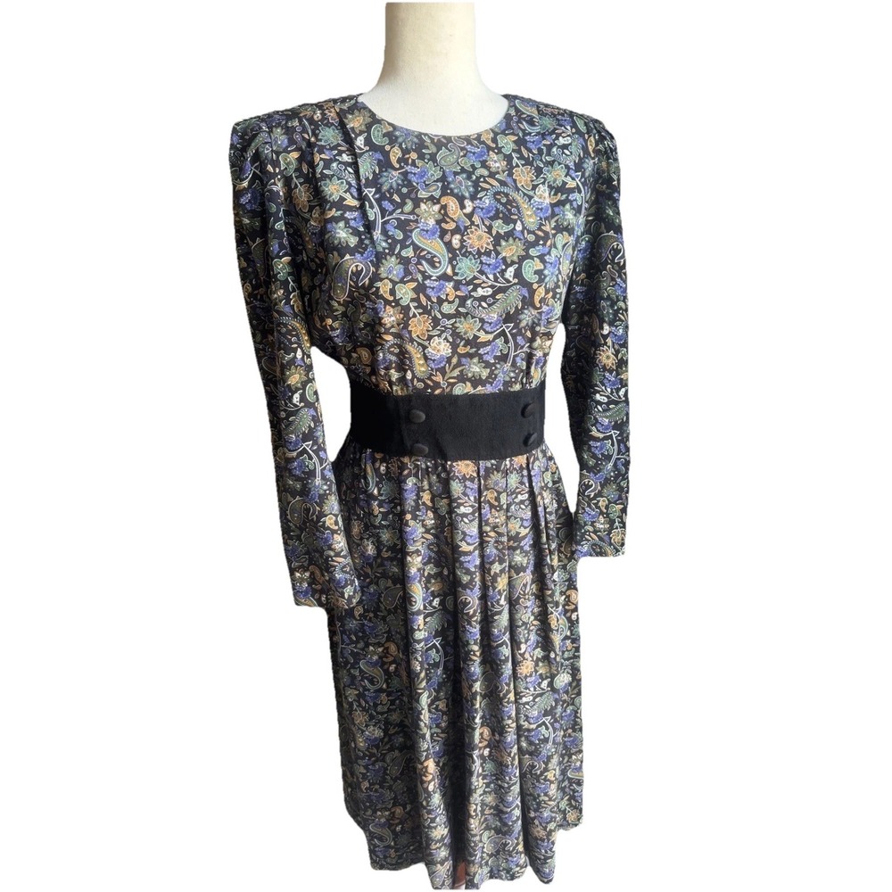 Vtg Dress Karin Stevens Paisley Floral Cottagecore Demure Equestrian 10 P Medium